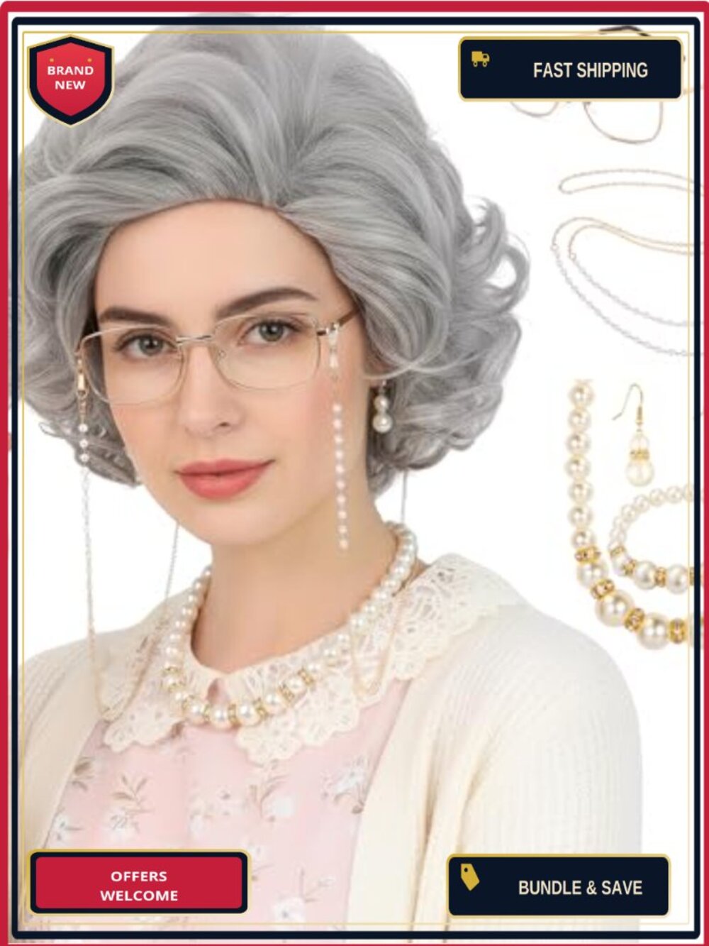 Old Lady Wig and Glasses Costume Set Short Curly Grandma Wig Heat Resistant